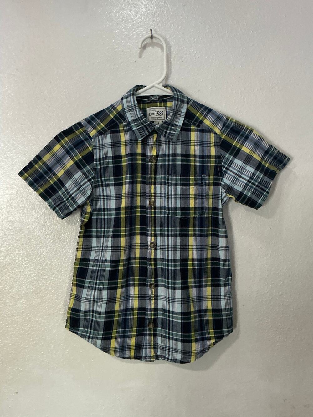 place boys blue green yellow plaid button down shirt size S 5/6